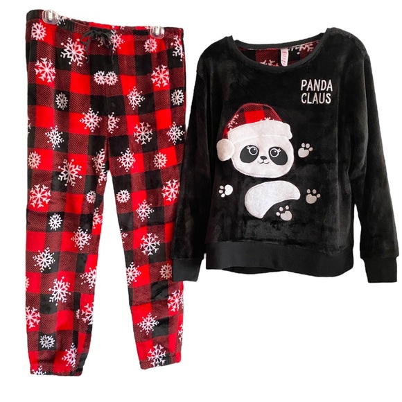 LKNEW Justice Holiday Pajama Set 14 16 PLUS Christmas Fleece PANDA Red Black - Picture 1 of 8